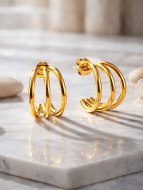 18K Gold Plated Triple Hoop Earrings Stainless Steel Small Minimalist Split Stud